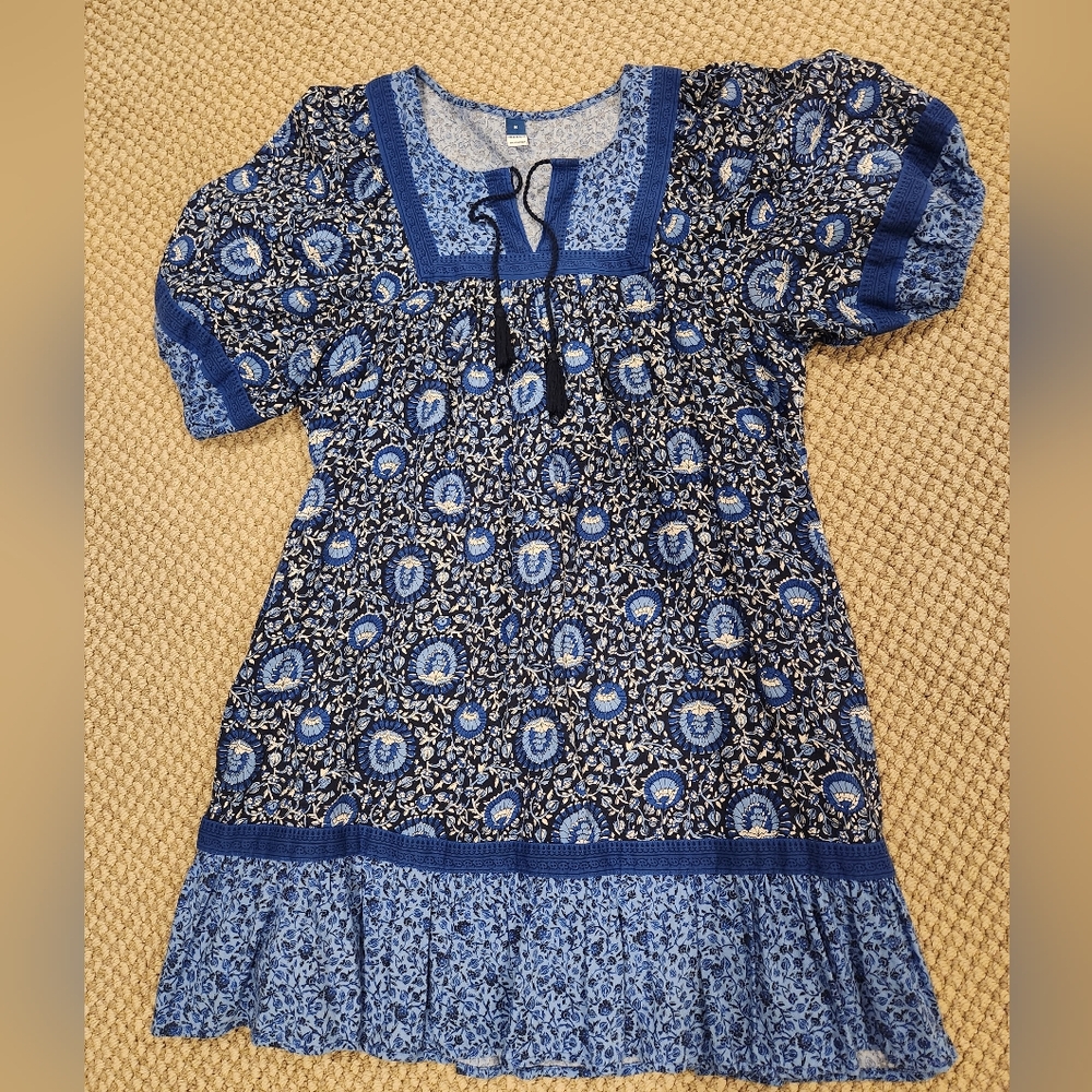 Old Navy Womens Blue Block Print Floral Puff Sleeve Mini Dress Sz M